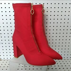 London Rag Red Women's Boots Booties| Stretch Textile High Block Heel Ankle Sz 8
